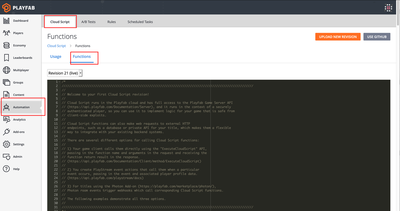 PlayFab Automation tab PlayFab Automation tab
