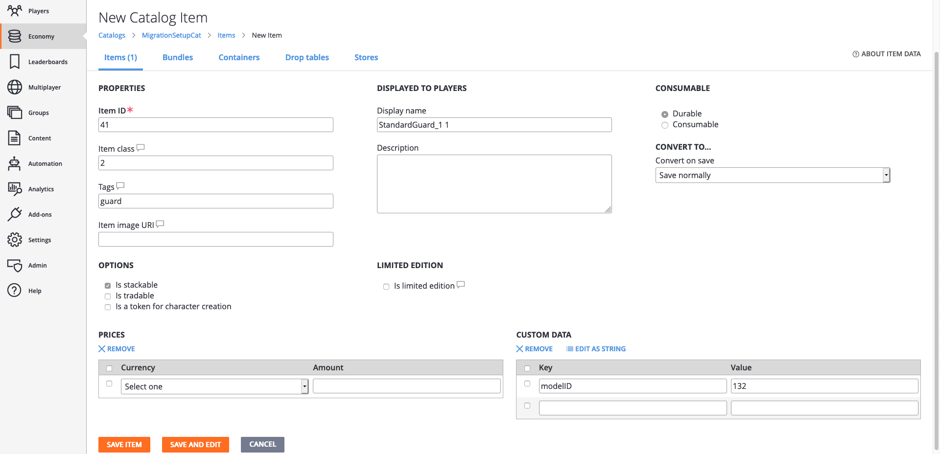 Creating a new catalog item Creating a new catalog item