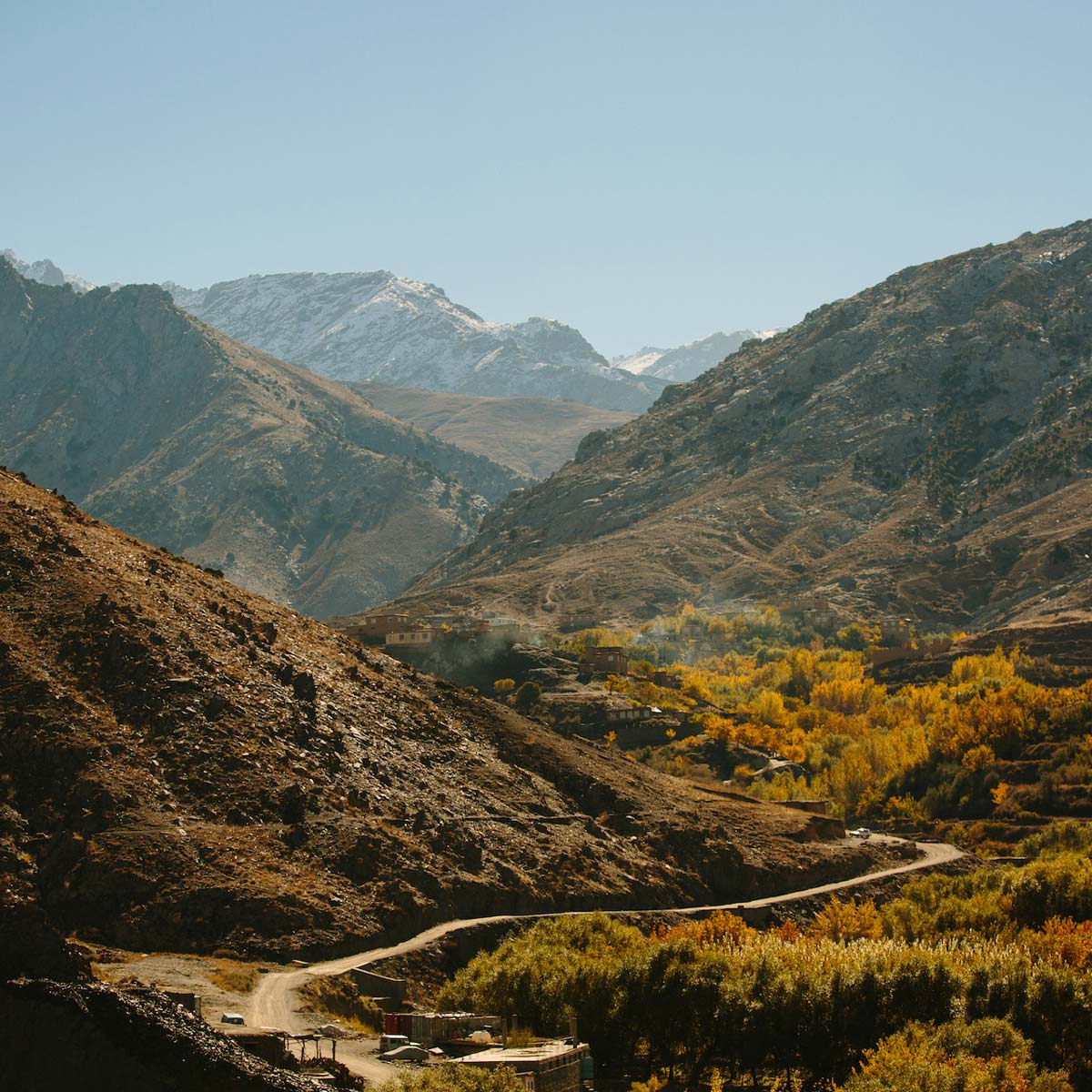 Valley view with a small dirt road and colored trees.