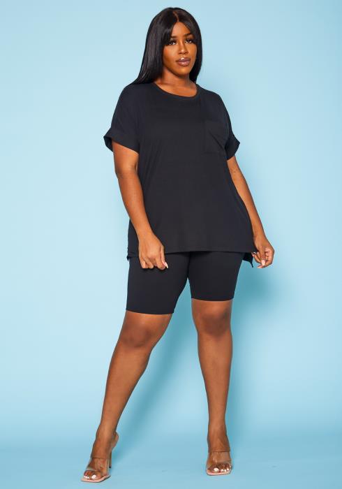 Plus Size Round Neck T-Shirt & Biker Shorts Set
