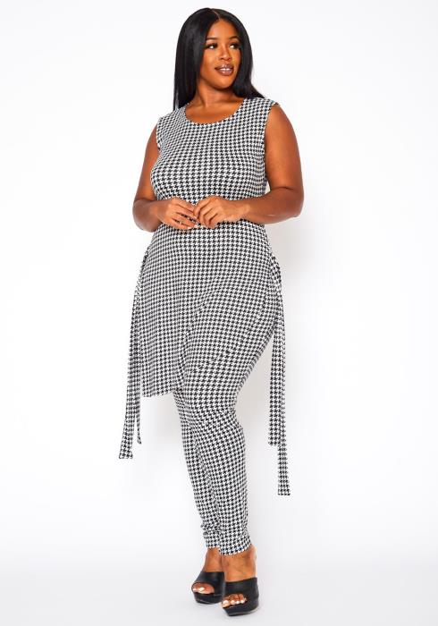 Plus Size Houndstooth Print Sleeveless Two Piece Set