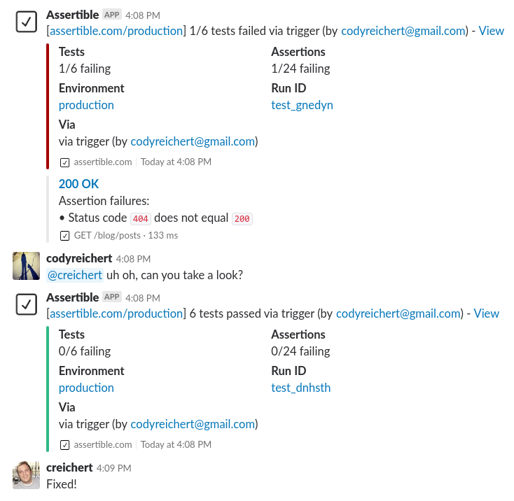 Assertible API testing Slack alerts