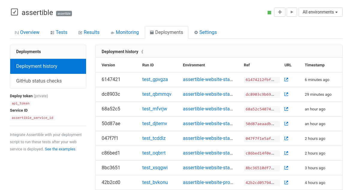 Assertible deployments history regression testing