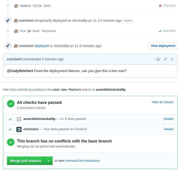 Assertible GitHub integration on a pull request