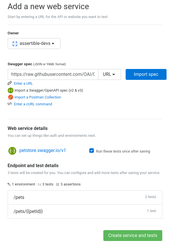 Assertible import form GitHub API dry run