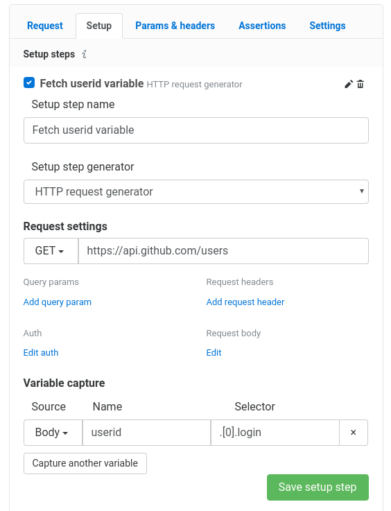 Assert API test setup step - variable capture