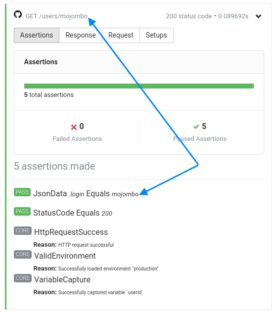 Assertible API test result with variable capture