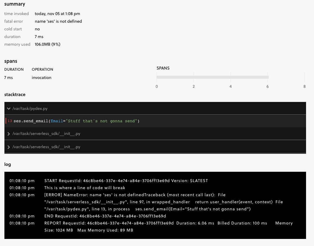 A failed function invocation with a stack trace