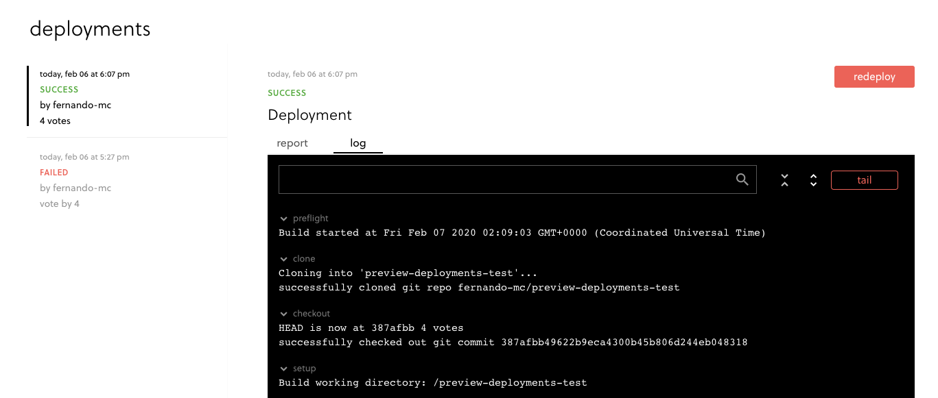 Captura de pantalla del registro de implementación exitoso en Framework Pro