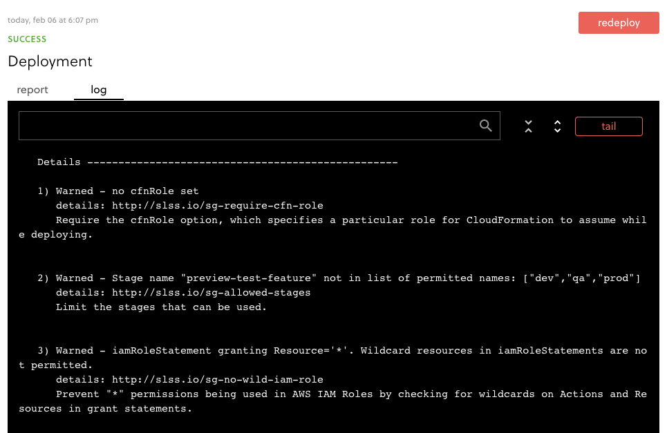 Captura de pantalla de advertencias de salvaguardas en el registro de Framework Pro CICD