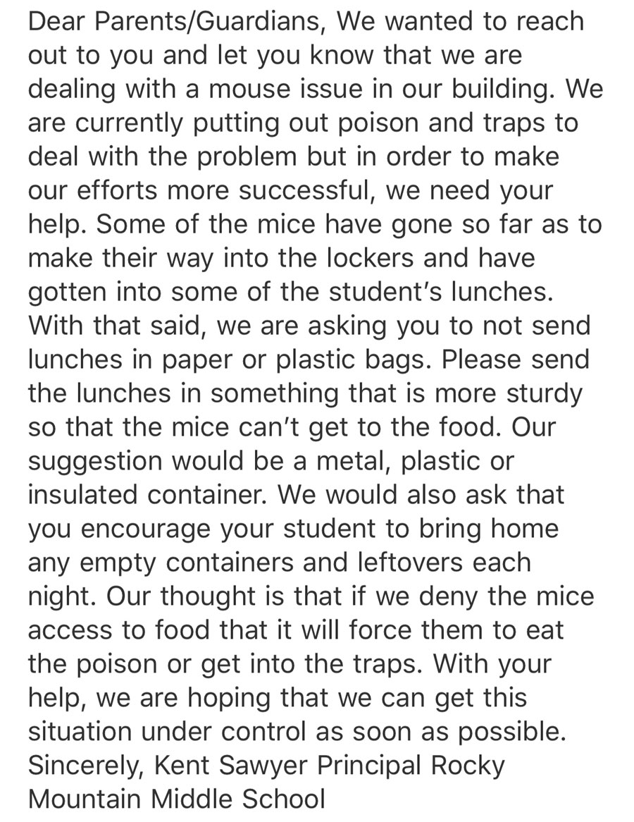 Mice in school lockers, classrooms, hallways, and bleachers; officials