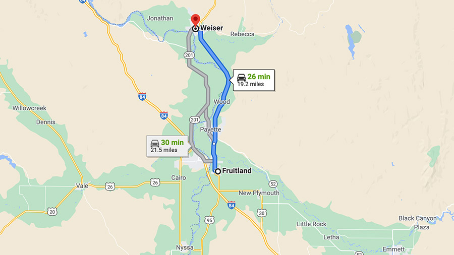 Google Map Fruitland to Wieser