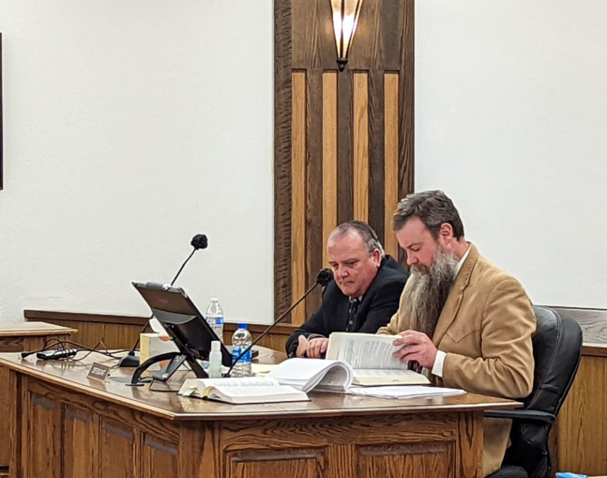 Bingham County Sheriff Craig Rowland with attorney Justin Olesen at prelim. hearing, March 2, 2022