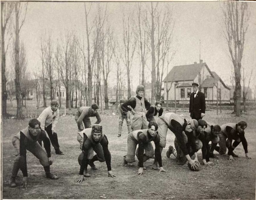 The 1907 Idaho Falls High School Football Team lined up.