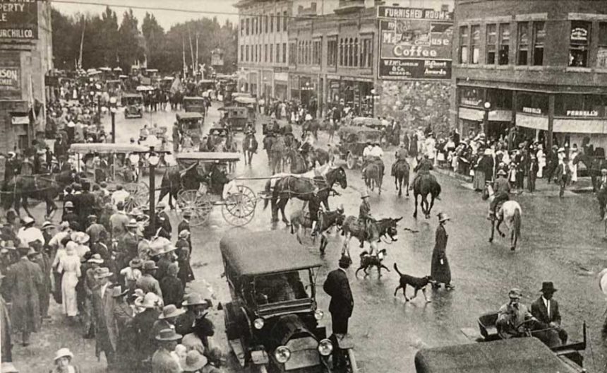 A very busy Idaho Falls broadway street in the early 1900s.