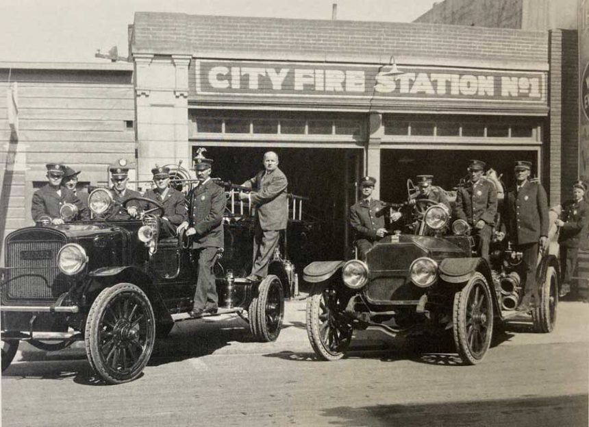 The 1919 Idaho Falls Fire Department number 1 with automobiles pictured.