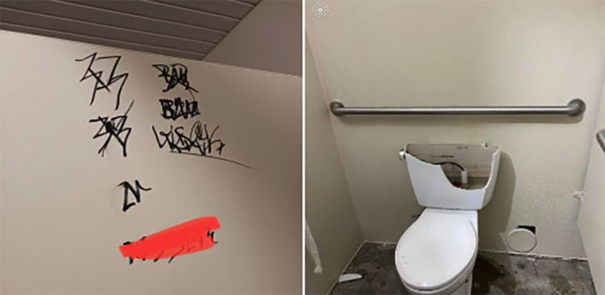 graffiti and smashed toilet