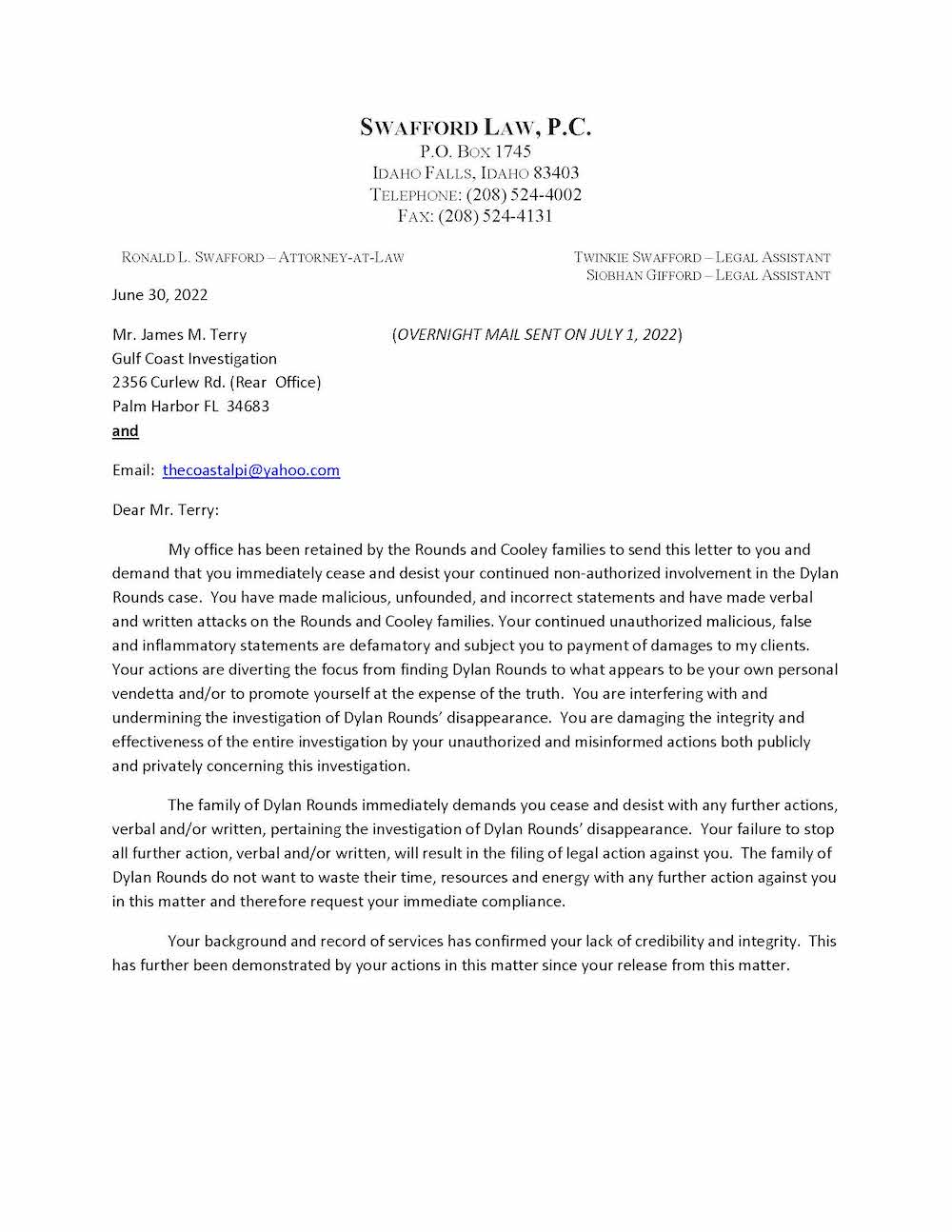 ROUNDS LETTER TO TERRY Page 1