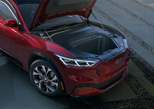 Red Ford Mustang Electric Vehicle with the hood up