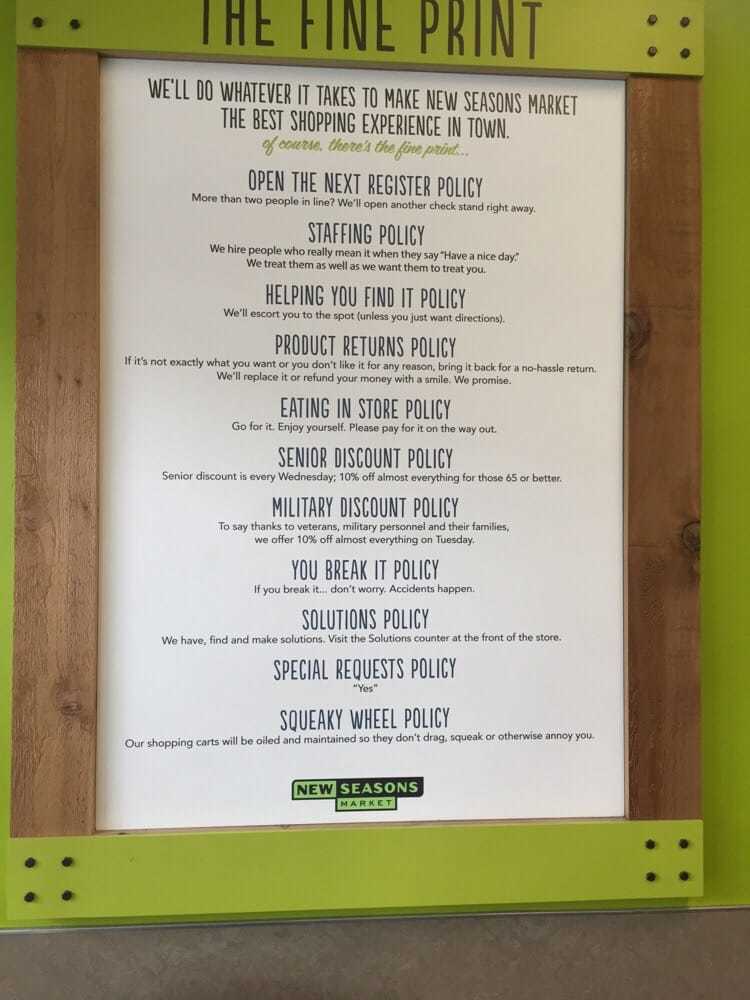 New Seasons' "Fine Print" Values New Seasons' "Fine Print" Values