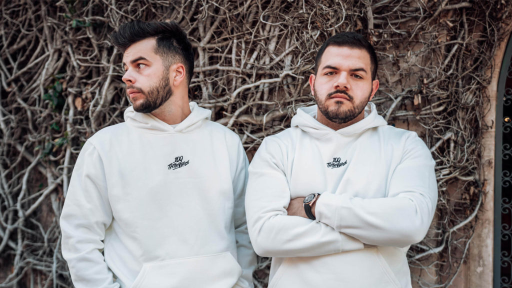 2 men in white sweatshirts posing over vines