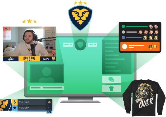Green computer monitor showing CouRage's custom webcam, stream overlays, logo, emotes, and merch
