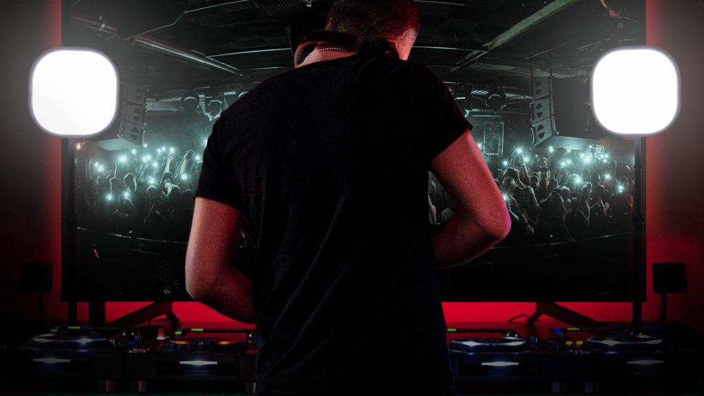 Back profile of DJ standing in front of monitor showing crowd