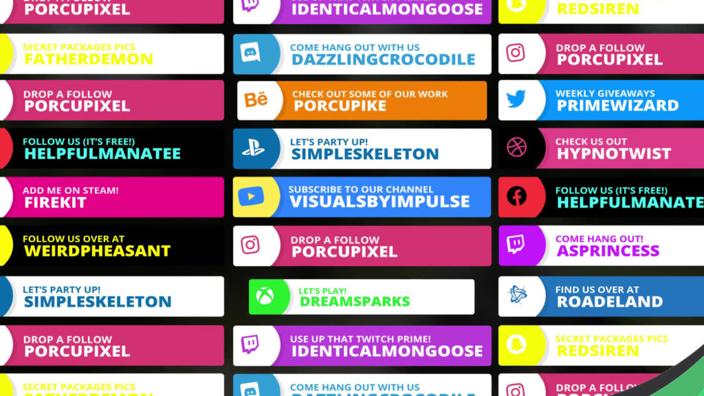 Colorful mix of panels calling out social media accounts