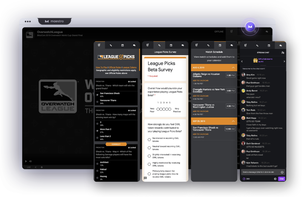 Tall vertical panels over a computer browser for Overwatch League Picks program