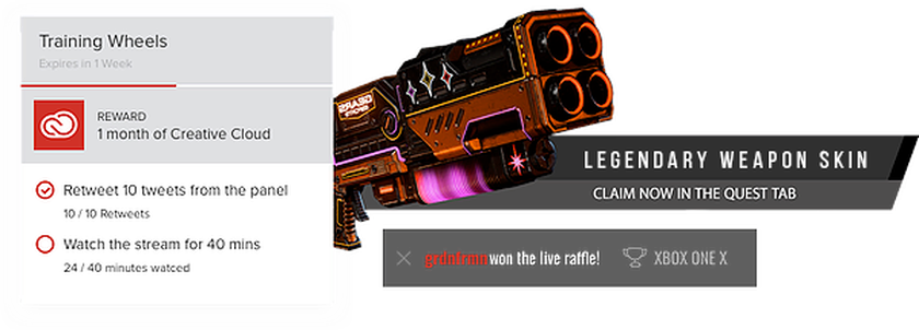 Quest Contest Overlay showing legendary video game blaster and adobe creative prize