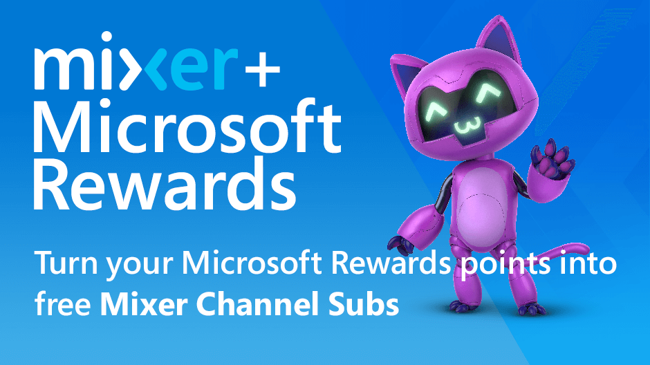 Mixer Microsoft Rewards announcement with purple cat robot