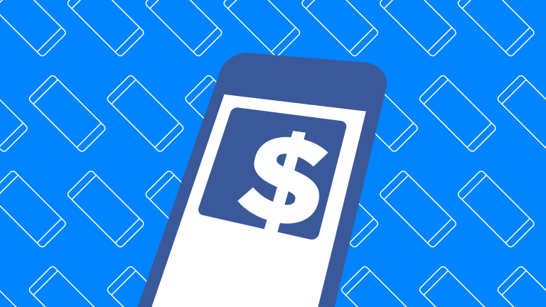 Dollar sign on phone over blue background with mobile devices