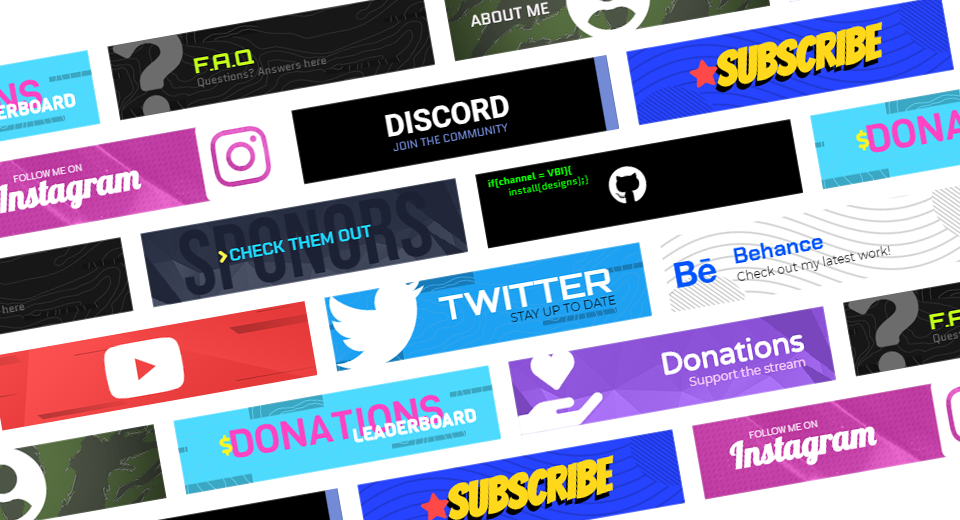 Collection of twitch panels with many colors icons and patterns