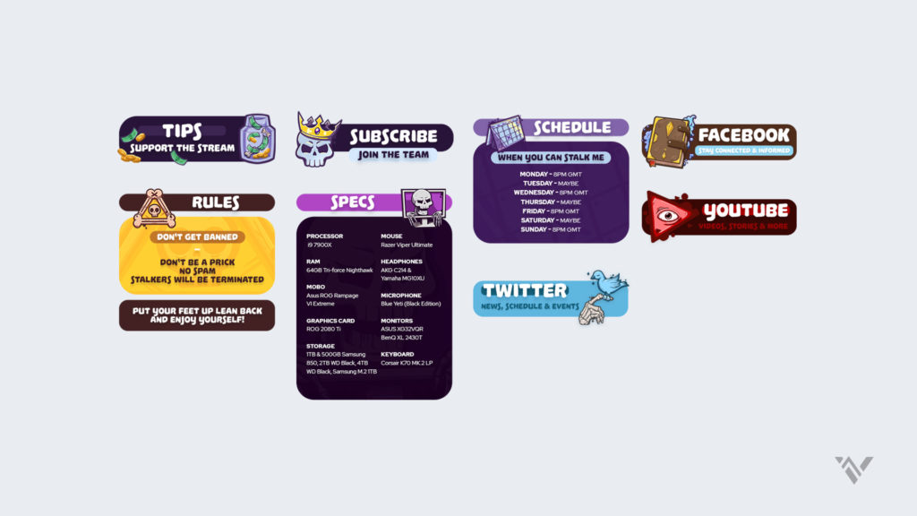 Illustrated spooky twitch panels with skulls and skeletons