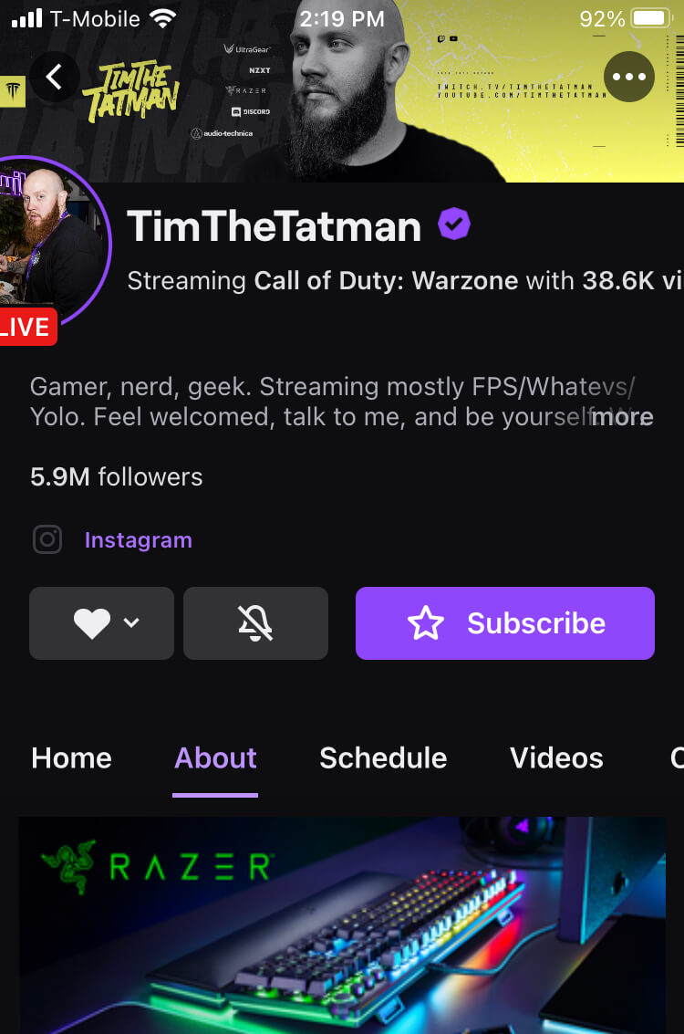 TimTheTatman Mobile Twitch Profile