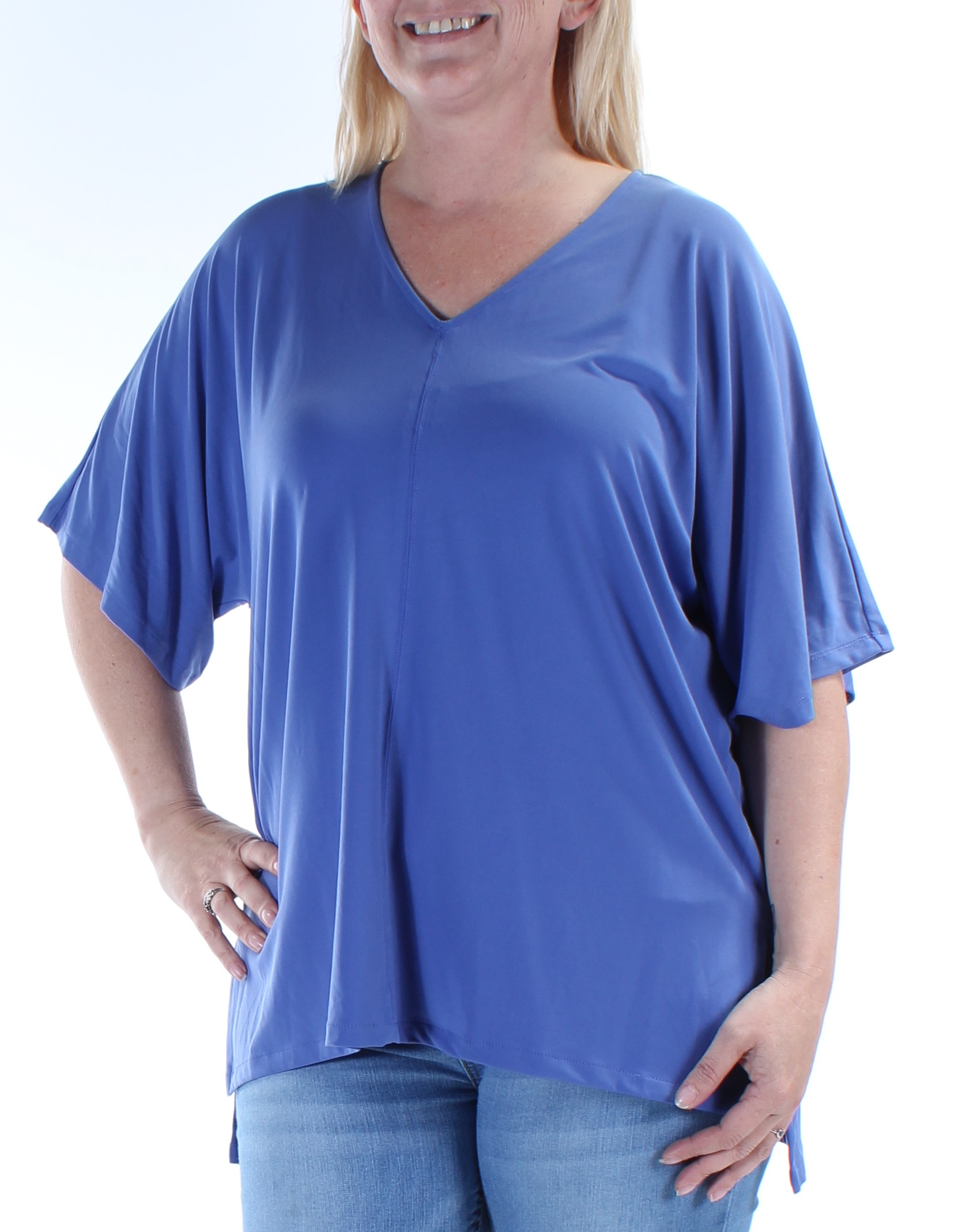 ALFANI 50 Womens Blue V Neck Short Sleeve HiLo Casual Top L eBay