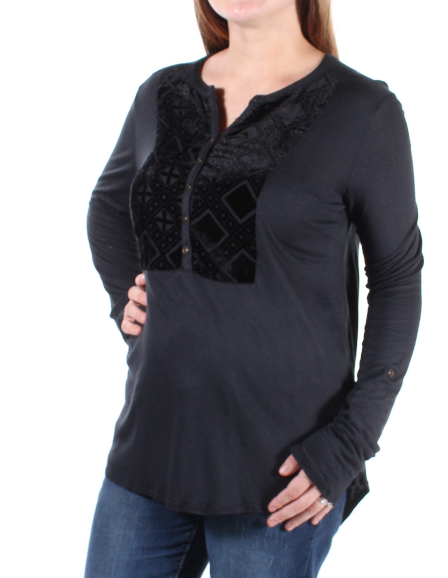 LUCKY BRAND $60 Womens New 1292 Black Velvet Long Sleeve V Neck Tunic Top M B+B 190365346391 | eBay