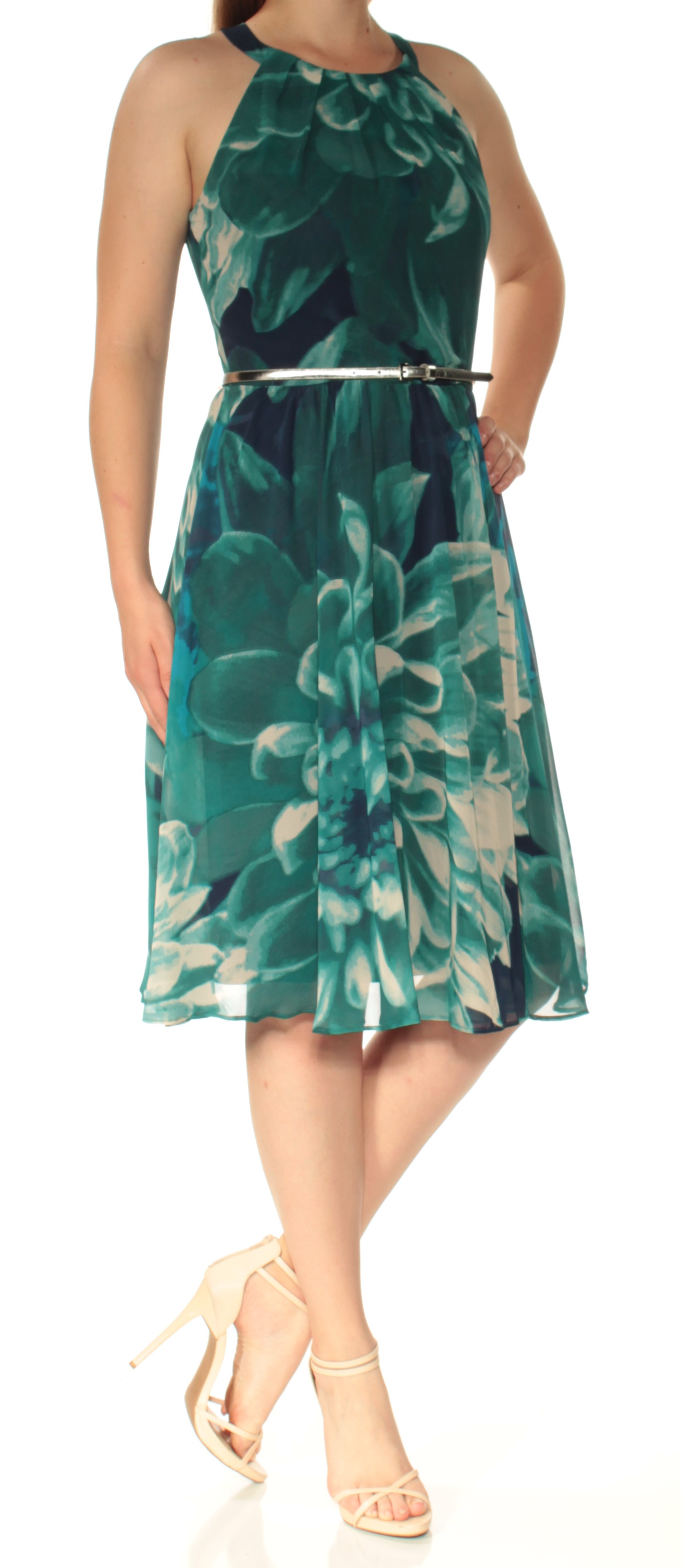 INC 130 Womens New 1101 Teal Floral Belted Sleeveless Fit + Flare