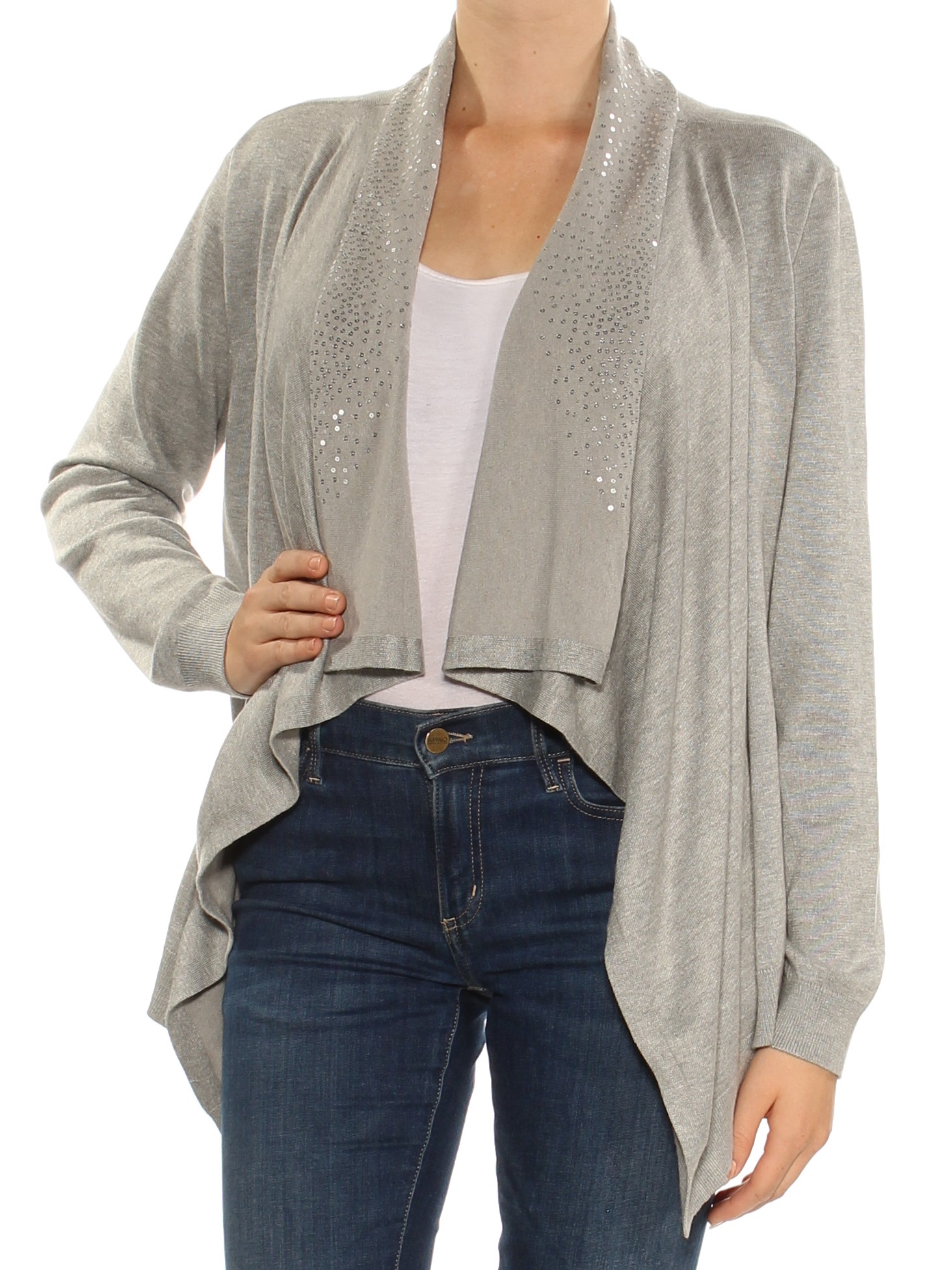 DKNY 89 Womens New 1617 Silver Sequined Long Sleeve Open Cardigan Top