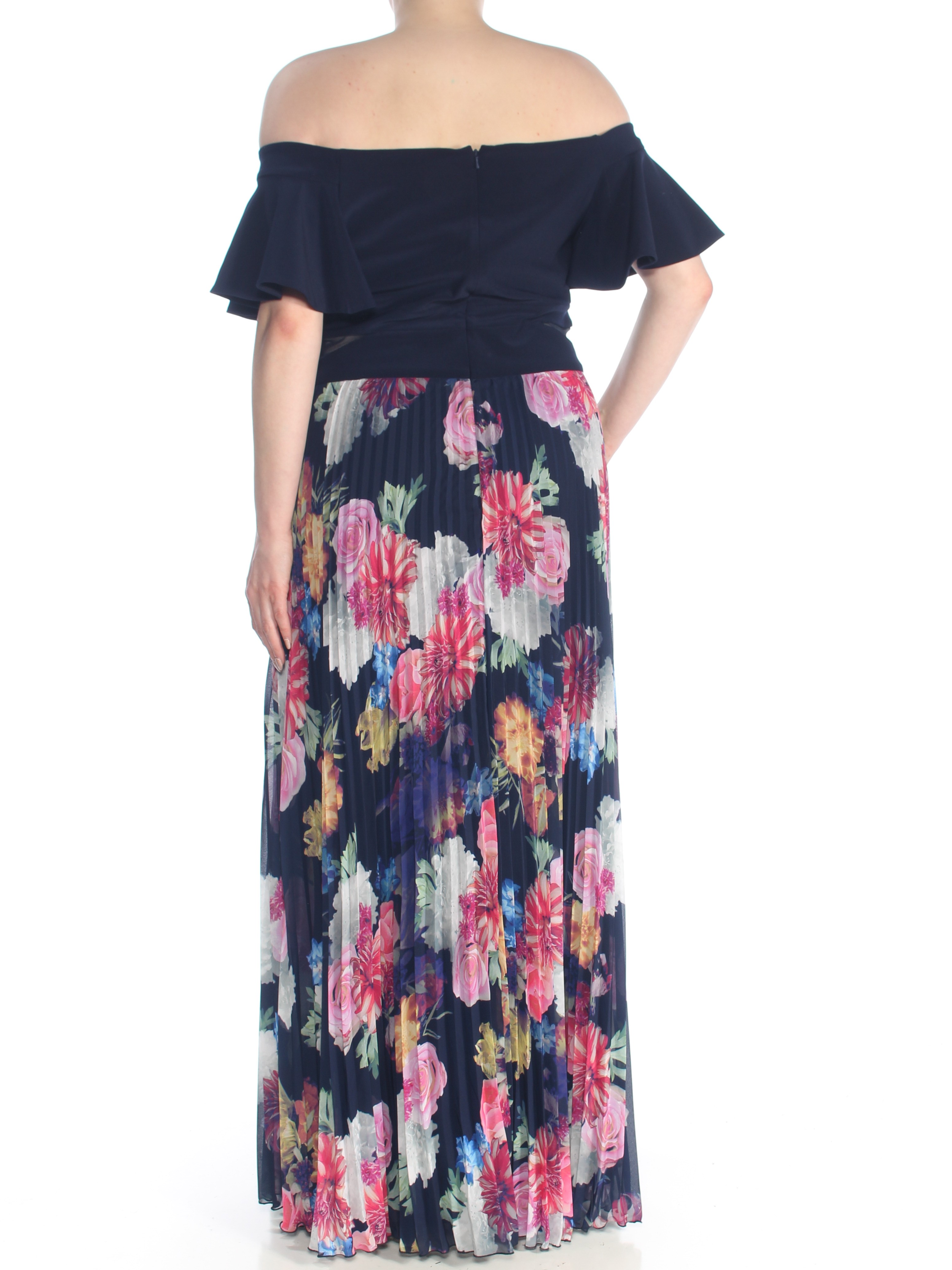 XSCAPE 289 Womens New 1020 Navy Floral Off Shoulder Pleated Dress 16W