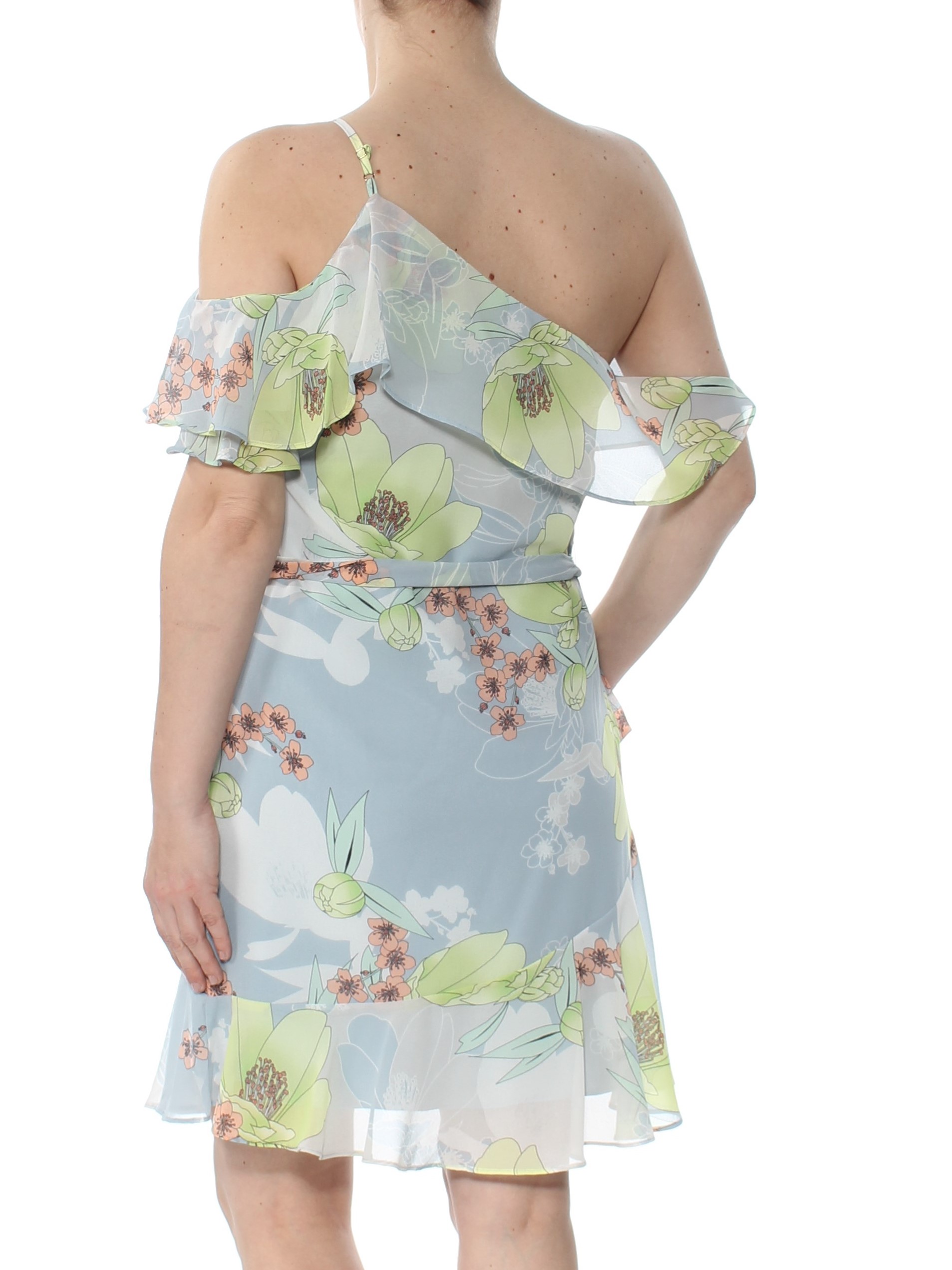 GUESS 98 Womens New 1467 Light Blue Printed Ruffled One Shoulder Dress