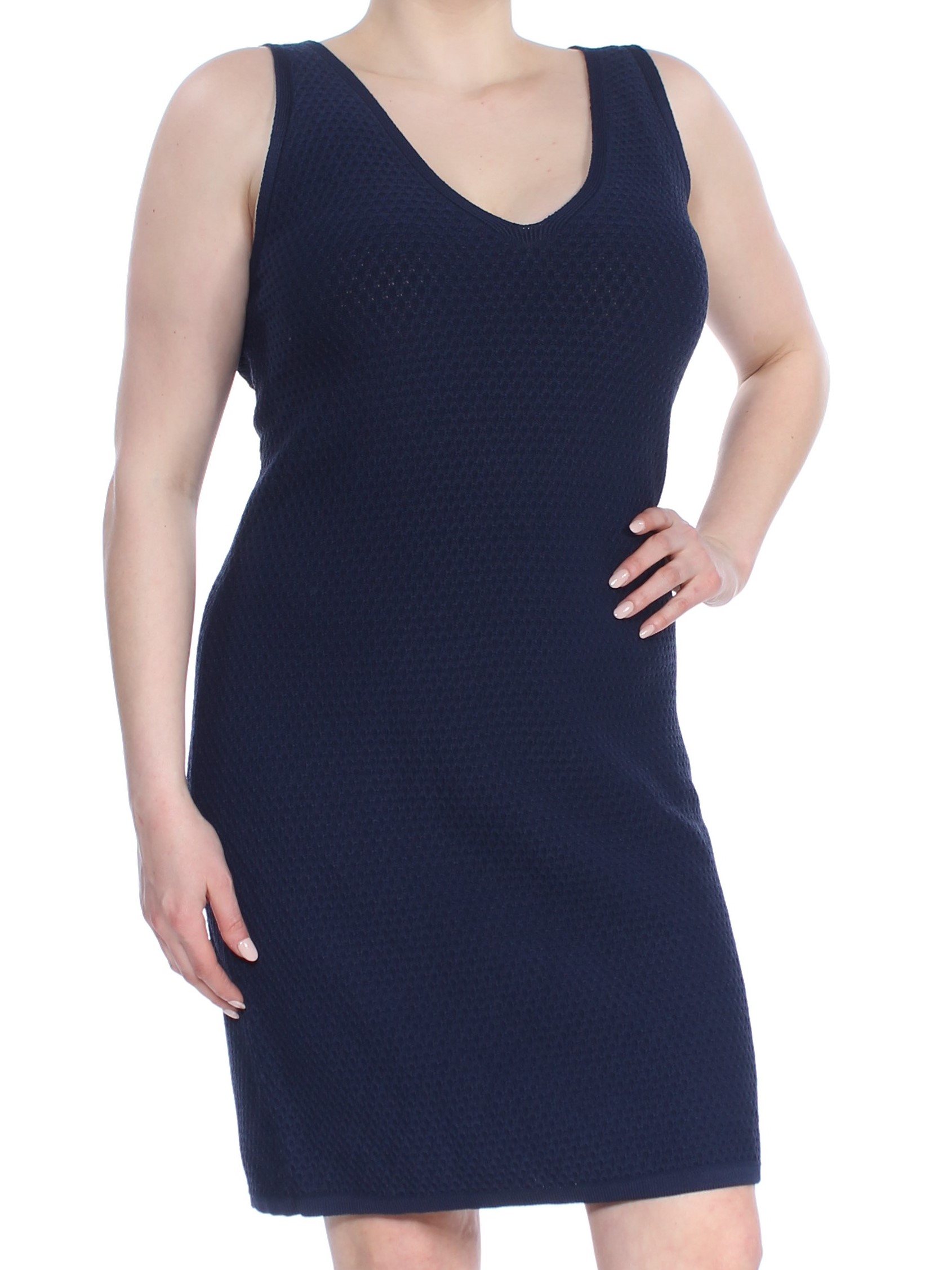 navy sleeveless sheath dress
