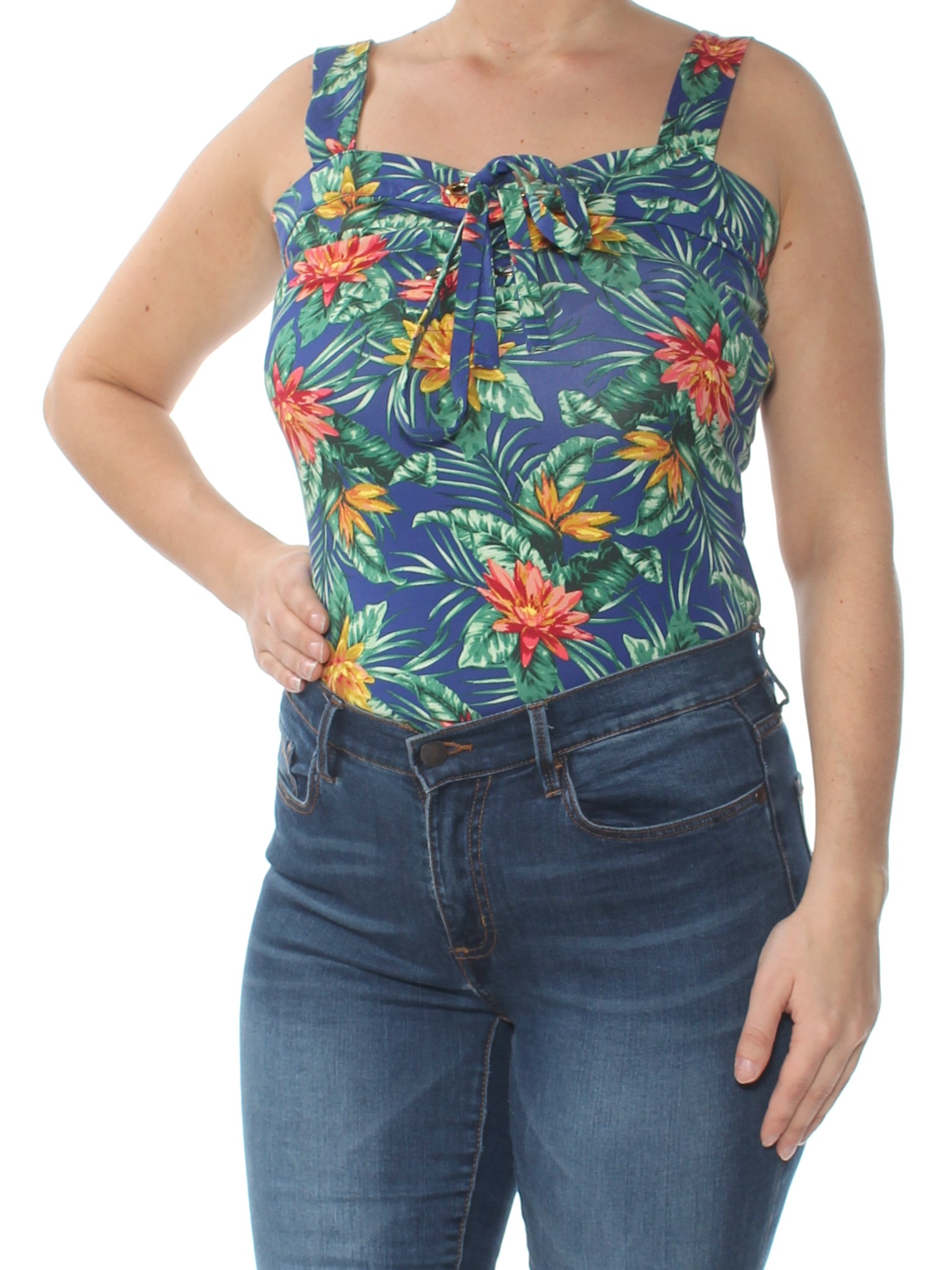 GUESS Womens Blue Floral Lace Up Body Suit L eBay