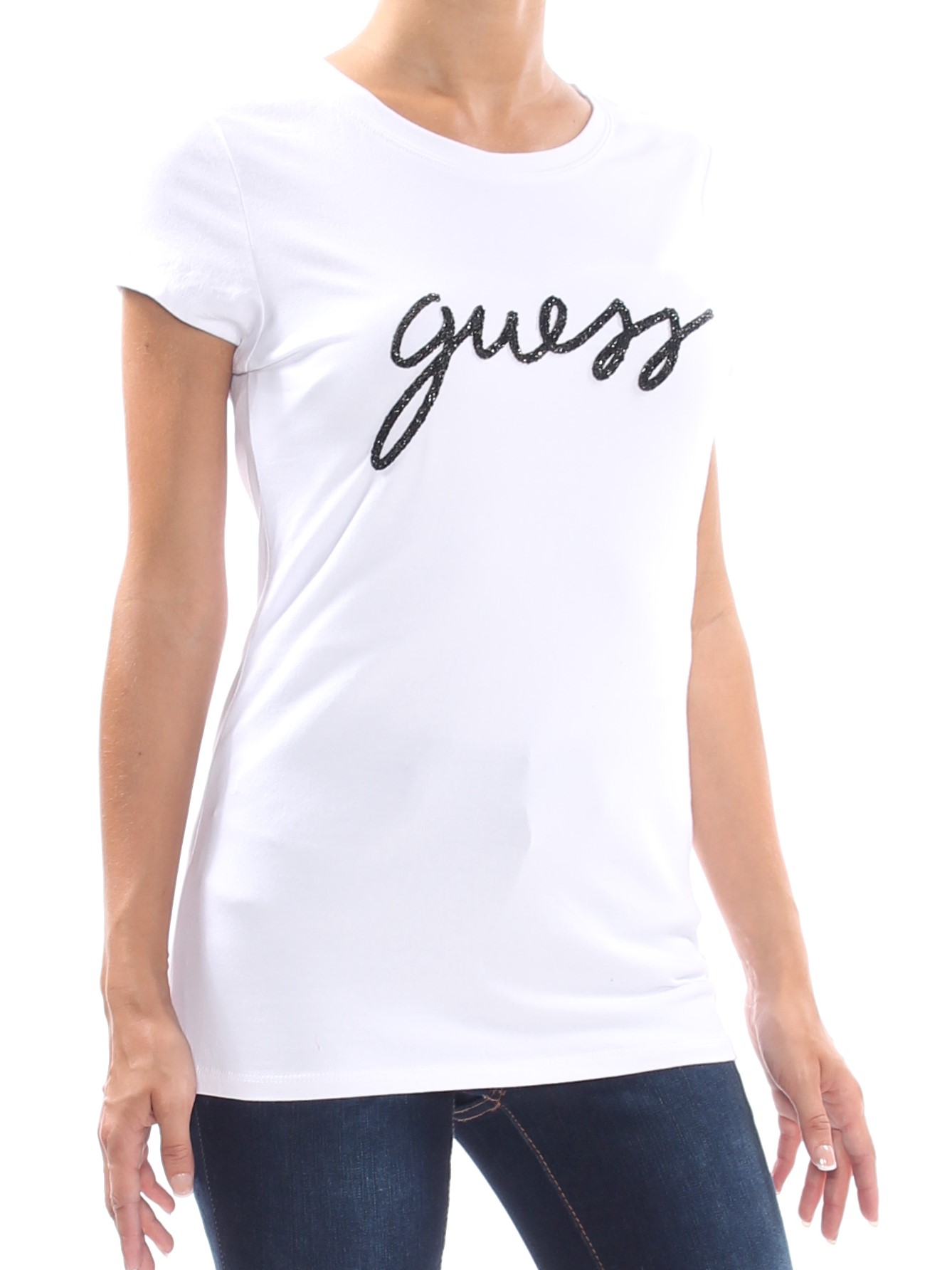 GUESS 34 Womens White Black Studded Logo Printed Short Sleeve TShirt
