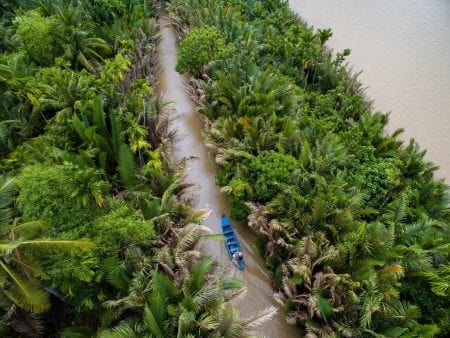 Aerial view of Mekong Delta river in Ben Tre, Vietnam, included in tours offered by Asia Vacation Group