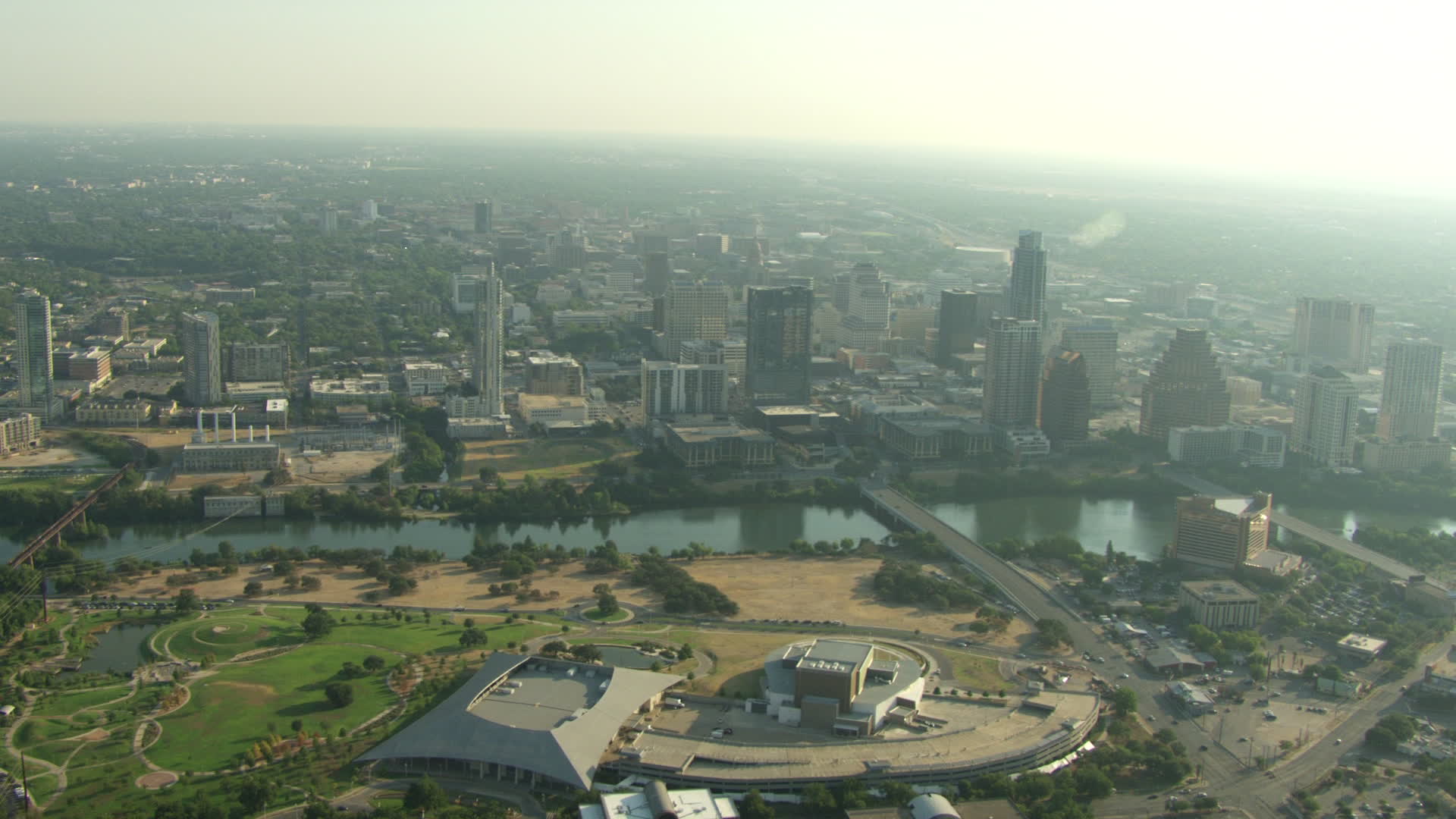 HD stock footage aerial video of Palmer Events Center, Long Center for