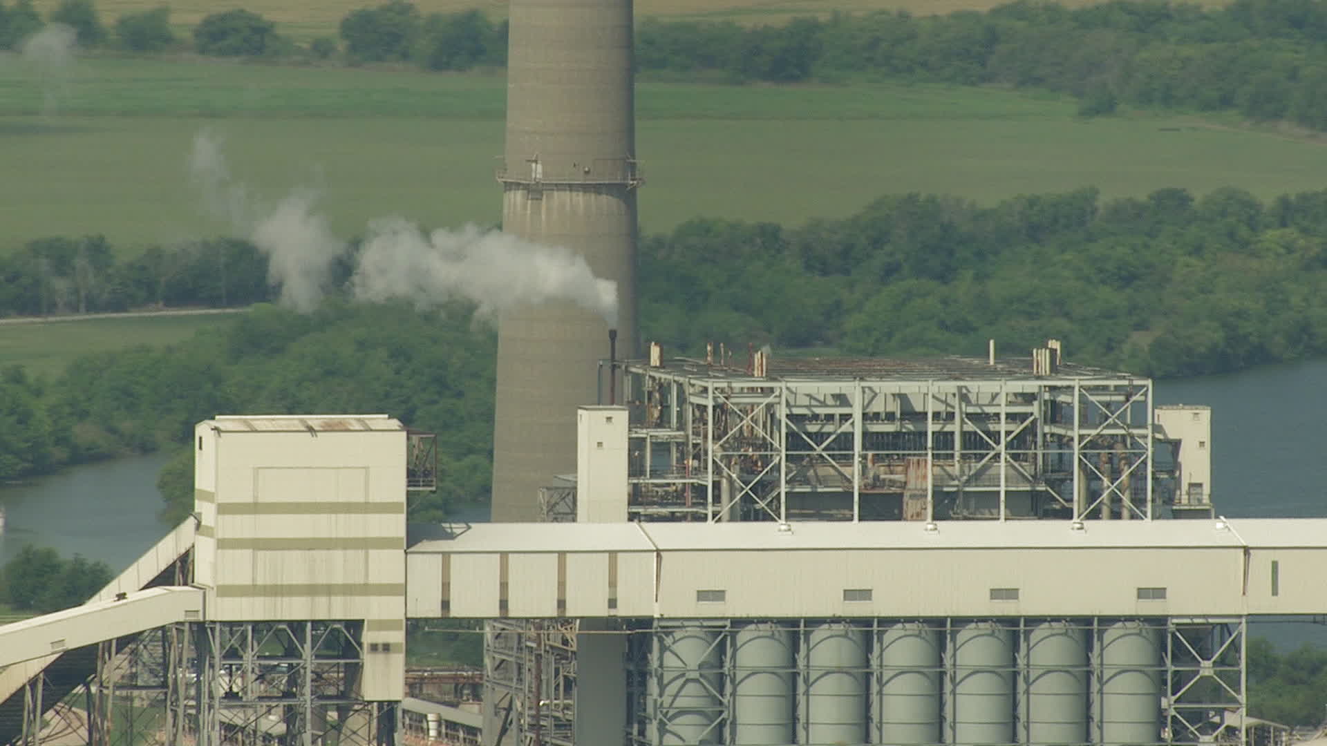 HD stock footage aerial video of part of a smoke stack and