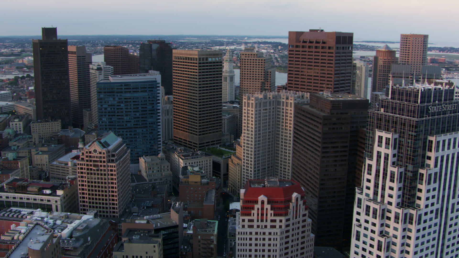 HD stock footage aerial video flyby One Lincoln Street and skyscrapers