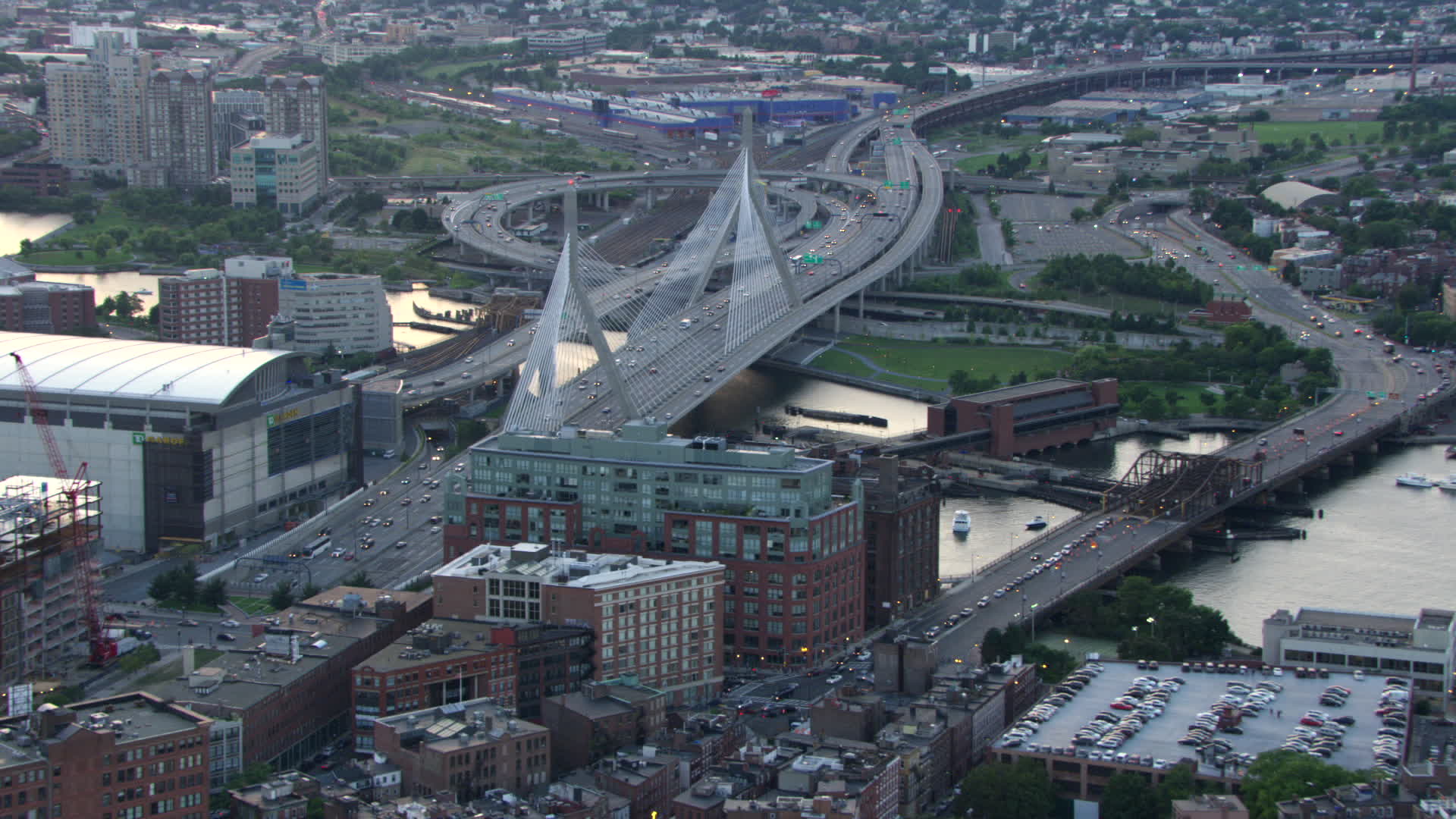 HD stock footage aerial video approach and flyby the Zakim Bridge