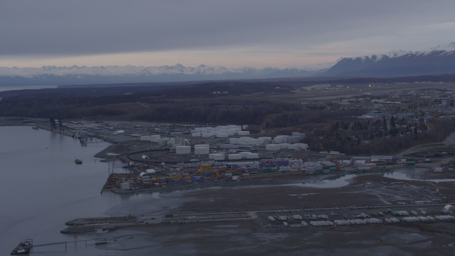 4K stock footage aerial video flying by an oil refinery, Knik Arm of